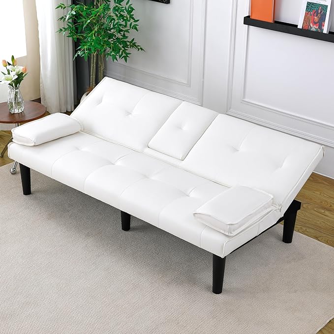 KEIKI 67 Convertible Sofa Bed with Cup Holder 3 in 1 Futon Sleeper Sofa Chair PVC Upholstered Sofa for Living Room or Office White