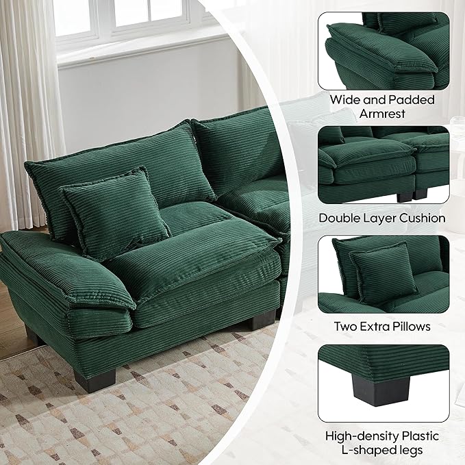 Modern 84 Corduroy Loveseat Sofa Ultra-Comfy Couch with 2 Pillows for Apartment Living Room Bedroom Home Office (Green)