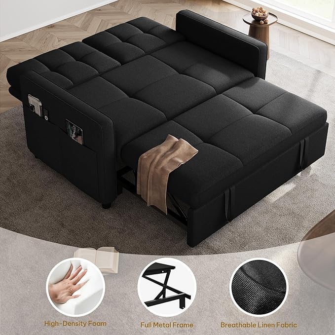 DWVO 55 Convertible Sofa Bed 3-in-1 Sleeper Sofa with Pull-Out Bed Linen Futon Couch with Adjustable Backrest and Side Pocket Modern Loveseat for Living Room Apartment Balck