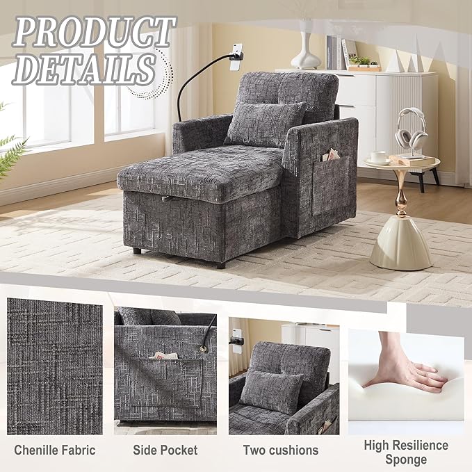 Multifunctional Recliner Sofa Chair with Storage Phone Holder &amp Adjustable Backrest Chenille Fabric Single Leisure Chair for Living Room Bedroom Small Spaces (Grey)