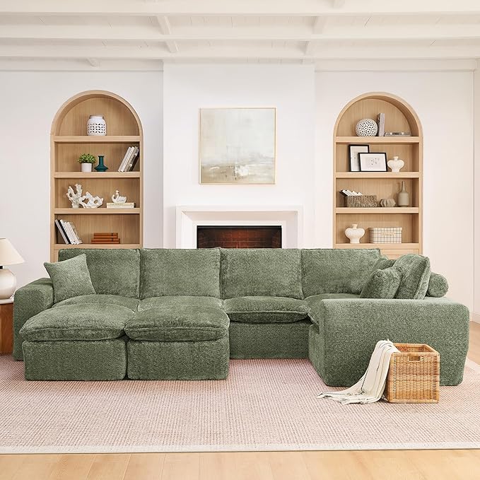 L-Shaped Boneless Modular Sectional Cloud Couches 7 Seat Modular Boucle Floor Foam Boneless Sofa Couch with Ottomans Headrest Pillows and Removable Cushions