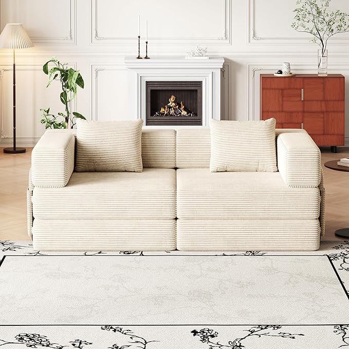 KEIKI 72.4'' Convertible Sofa Bed 2 Seat Corduroy Fabric Sofa with Two Side Storage Pockets and Two Cushions Comfortable Folding Sleeper Carpeted Couch for Living Room Bedroom and Study Beige