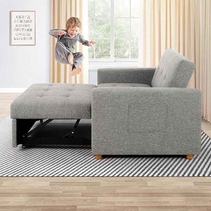 SEJOV Convertible Sofa Bed 3-in-1 Sleeper Sofa Pull Out Couch Bed 2-Seater Linen Fabric Loveseat Futon Sofa with Spring Support Adjustable Backrest for Small Spaces Living Room Grey