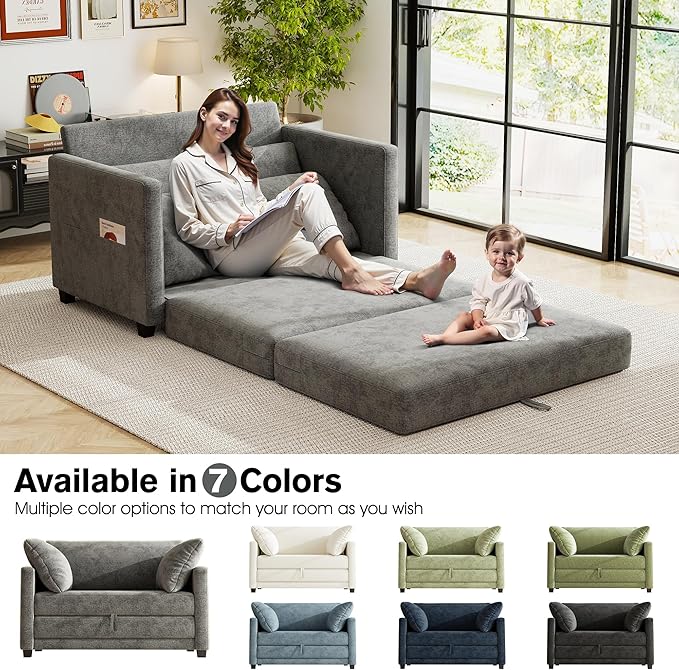 51 Loveseat Sleeper Sofa Bed Chenille Convertible Floor Sofa Bed for Small Spaces Folding Couch Bed with Deep Seat 2 Pillows &amp Solid Frame Pull Out Floor Couch for Living Room Grey