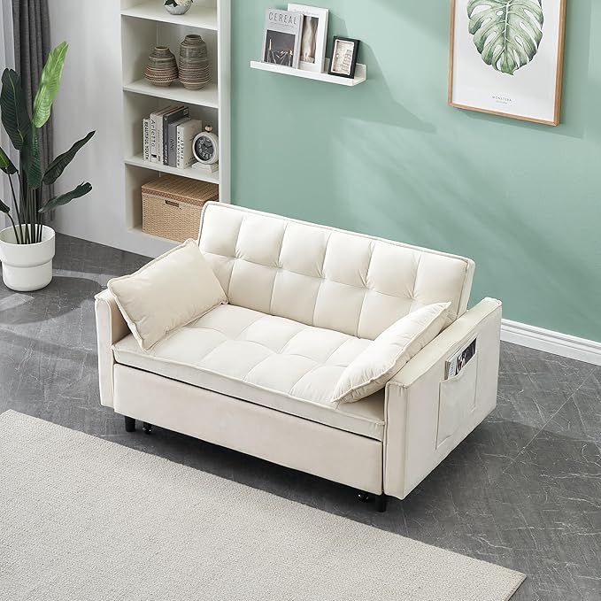 3 in 1 Convertible Sofa BedModern Velvet Loveseat Sleeper Sofa Bed with Adjustable Backrest Storage Pockets and PillowsSuitable for Living RoomGuest RoomBeige