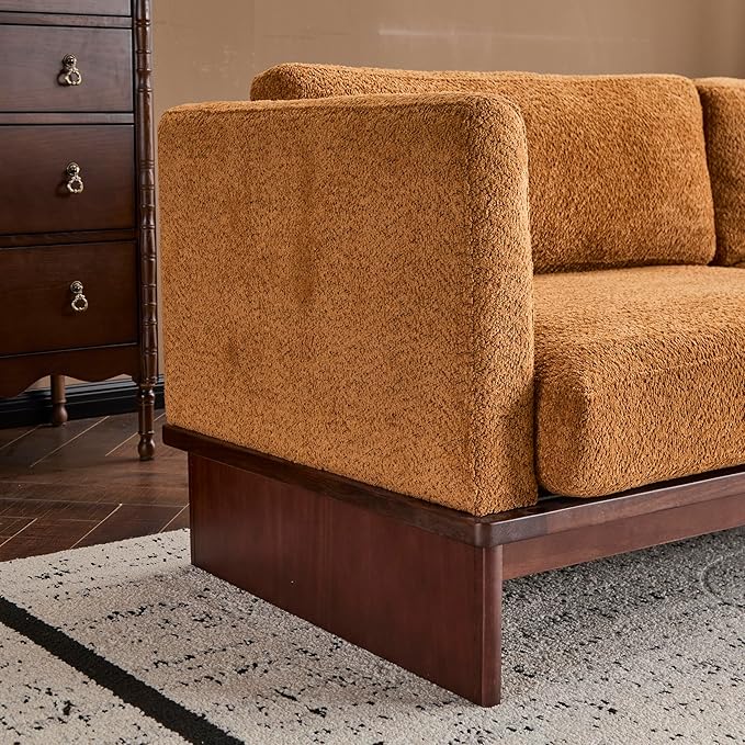 Christopher Knight Home Perla Chenille Upholstered 3 Seater Sofa Couch with Pillow Wooden Home Sofa Living Room Comfy Cloud Couch for Bedroom Apartment Home Office Brownish Orange