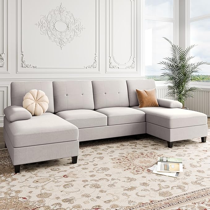 Shintenchi U-Shaped Sectional Couches for Living Room 4 Seat Sofa with Double Chaise LoungesSolid Wood Frame Sectional Sofa for ApartmentCreamy White