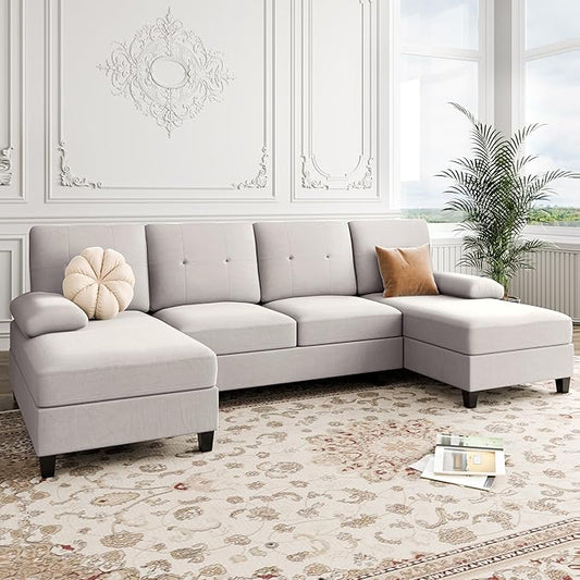 Shintenchi U-Shaped Sectional Couches for Living Room 4 Seat Sofa with Double Chaise LoungesSolid Wood Frame Sectional Sofa for ApartmentCreamy White