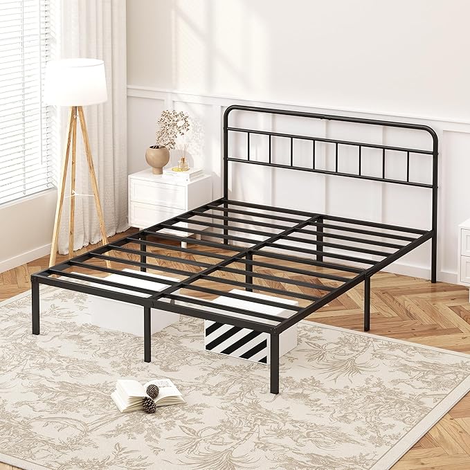 12 inches Queen Size Bed Frame with Minimalist headboardMetal Platform Base with Strong Metal SlatsMattress Foundation for Under Bed StorageEasy AssemblyBlack