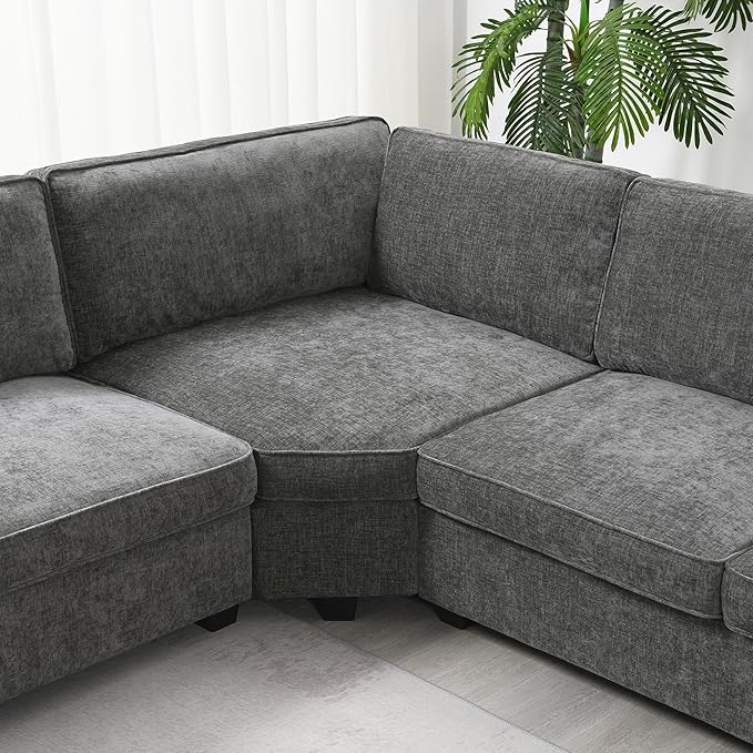 119 * 67 U Shaped Sectional Sofa6 Seat Chenille Corner Couch Set with Oversized Chaise LoungeIrregular Corner Deep and Wide Seat Comfy Sofa with Cup Holders for Living RoomApartment (Gray-V33)