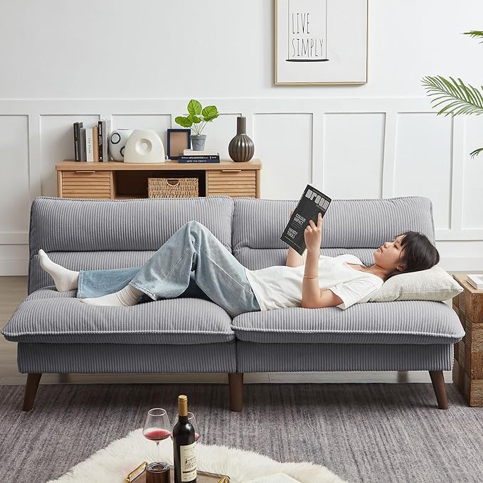72 Futon Sofa Bed Futon Couch with Adjustable Backrest Recliner Small Loveseat for Living Room Office Apartment Corduroy Loveseat Light Grey