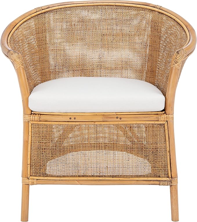 SAFAVIEH Home Collection Jessica Honey Brown Wash Rattan Accent Chair with White Cushion