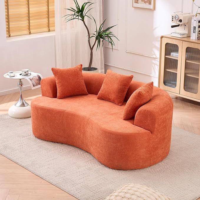 KEIKI 79 Modern Crescent Sofa for Entertainment Rooms Deep-Cushion Low-Back 3-Seater with Self-Inflating Foam No-Assembly Chenille Couch for Movie Nights &amp Gaming Comfort