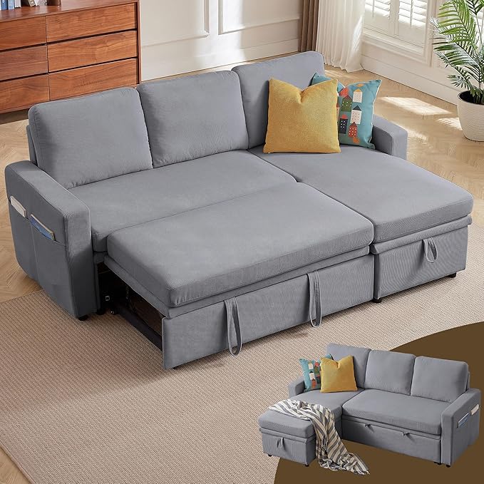 Convertible Sofa Bed L-Shape Sectional Sleeper Sofa with Storage Chaise Modern Polyester 3 in 1 Pull Out Couch Bed for Living Room Light Grey