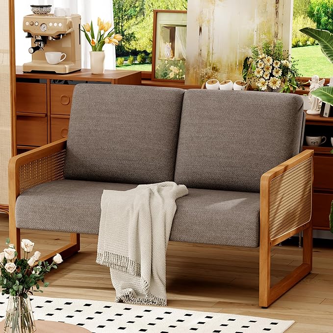 Modern Loveseat Bench Couch with Natural Rattan Arm Upholstered Linen Small Love Seat Sofa 2-Seats Living Room Couch Settee Comfy Lounge Recliner Chair-Taupe