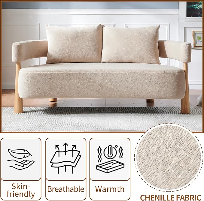 67 L Loveseat Sofa Mid Century Modern Sofa Couch with 2 Pillows Comfy Chenille Couches Upholstered Small Sofa for Living Room Bedroom Apartment &amp Office Easy Assembly Pebble