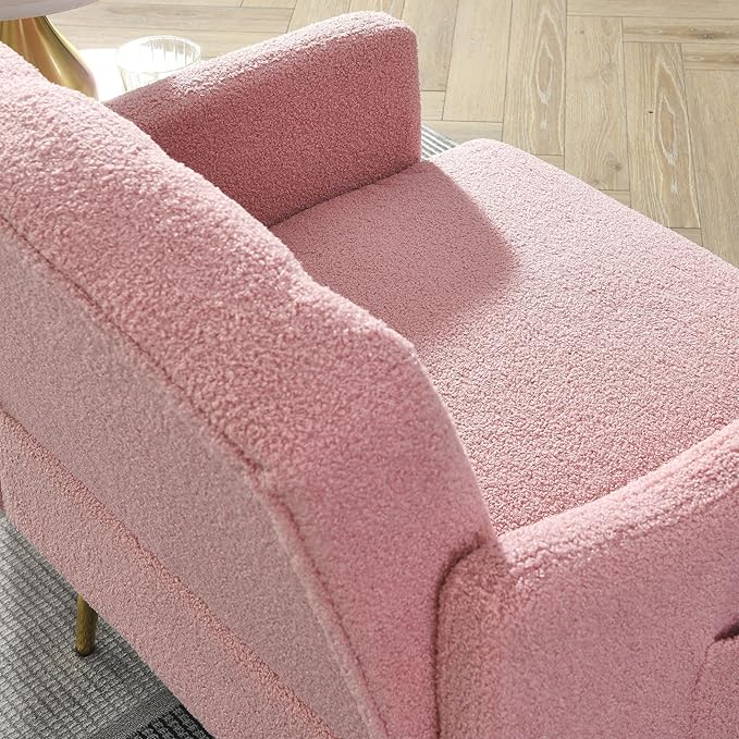 30 W Modern Chesterfield Tufted Upholstered Chair with Deep Buttons Living Room Chair Comfortable Armchair Gold Hardware Legs Tufted Chair for Reading or Relaxing Pink Teddy