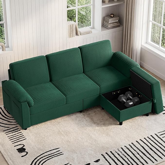 Walsunny 79 Convertible Sectional Sofa Reversible Modern L Shaped 3 Seat Modular Sofa Couch with Pillows and Storage Ottoman for Living Room（Green）