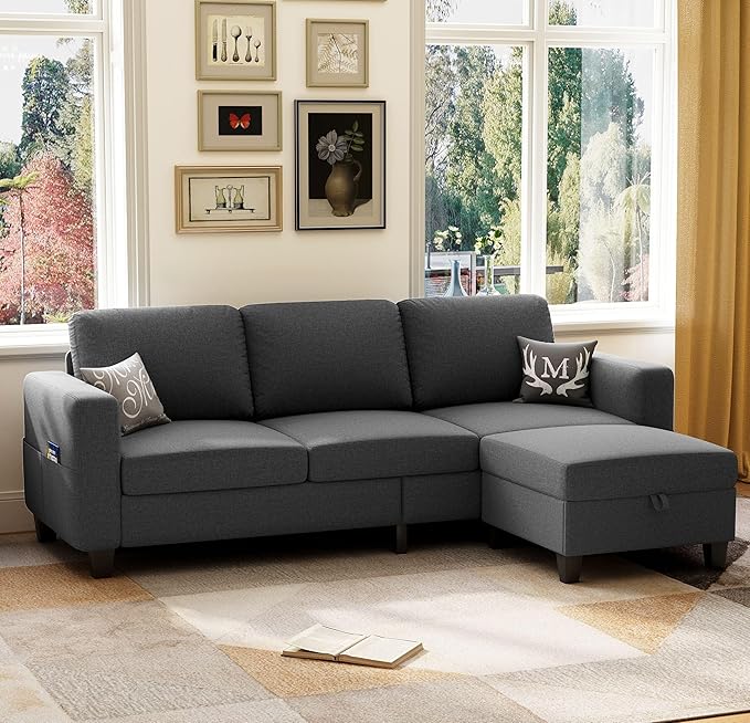 78 Sectional Sofa Couches for Living Room Dark Grey Convertible L Shaped Couch with Storage Ottoman Deep Seat Pet-Friendly Linen Fabric Sofa Set for Small Space Apartment Dorm
