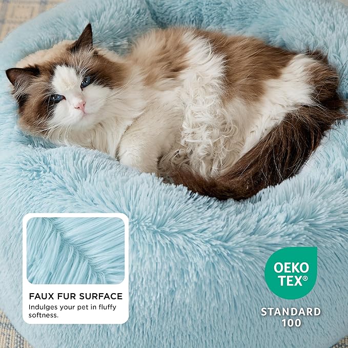 Bedsure Calming Cat Beds for Indoor Cats - Small Cat Bed Washable 20 inches Anti-Slip Round Fluffy Plush Faux Fur Pet Bed Fits up to 15 lbs Pets Aqua Blue