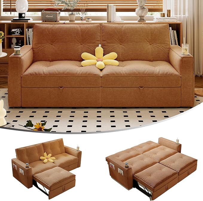73.2 Convertible Sleeper Sofa Bed 3-in-1 Queen Size Pull Out Couch with Adjustable Backrest Side Pocket &amp Cup Holders Corduroy Fabric Small Modular Couch for Living Room (Orange)