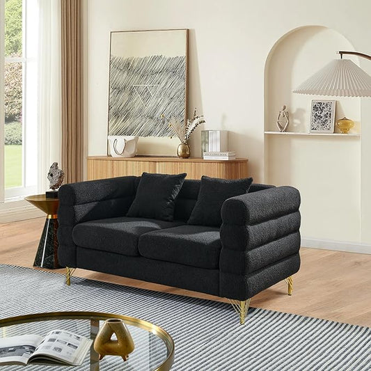 mikibama Modern Teddy Loveseat Sofa 60 Inch Sectional Sofa Couch Luxury 2 Seater Deep Couch with 2 Pillows and Gold Metal Legs for Living Room Bedroom Apartment (Black)