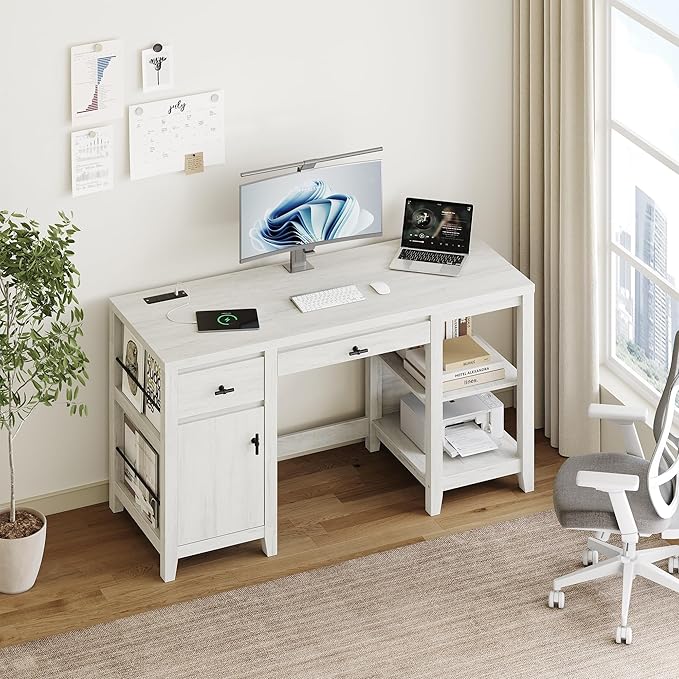 58 Executive Desk with Foldable Keyboard Tray and Charging Station Farmhouse Wood Home Office Desk with Drawers and Magazine Rack Large Writing Computer Desk for Home Office and Study White