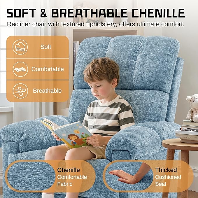 Recliner Chair Swivel Rocker Recliner Chair for Adults Small Recliners for Small Spaces Manual Recliner Chair with Side Pockets Nursery Rocking Chair for Living Room Chenille Airy Blue