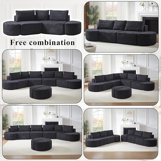 106“ Boneless Chenille V-Shaped Modular Sofa Set Three Throw Pillows 3-Seater Sofa Two Curved Ottomans Combination Couch for Living Rooms (Black 106 Right Chaise)