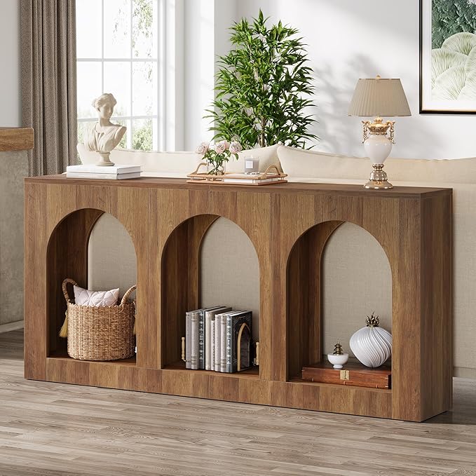Tribesigns 70.9 Console Table with Storage Wood Entryway Entry Table with 3 Arched Shelves for Foyer Hallway Living Room Behind Couch Sofa Narrow Long Brown