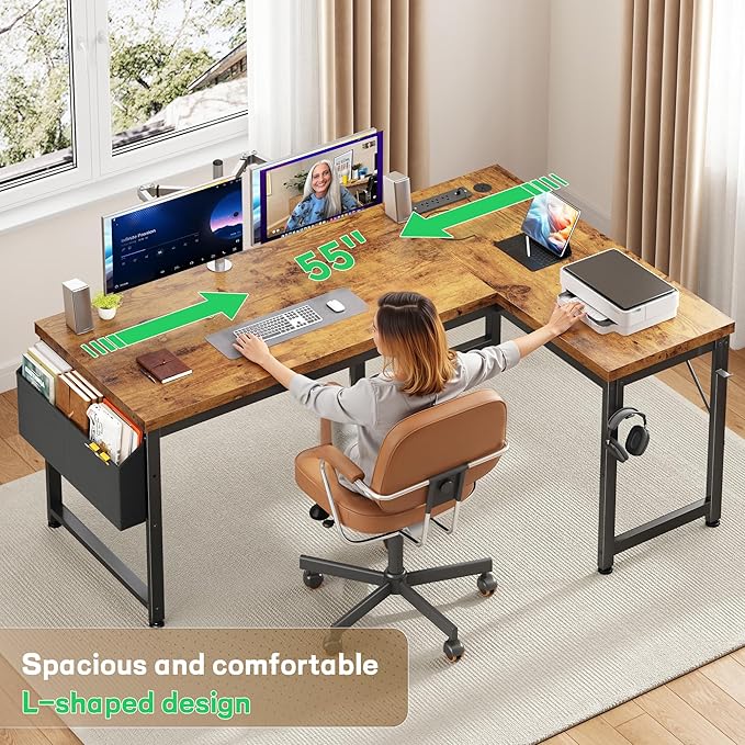 L Shaped Desk with 0.95 Inch Thicker Desktop &amp Storage Bag Computer Desk with Power Outlets &amp Lights Reversible Gaming Desk for Home Office Corner Desk Study Room Living Bedroom Brown