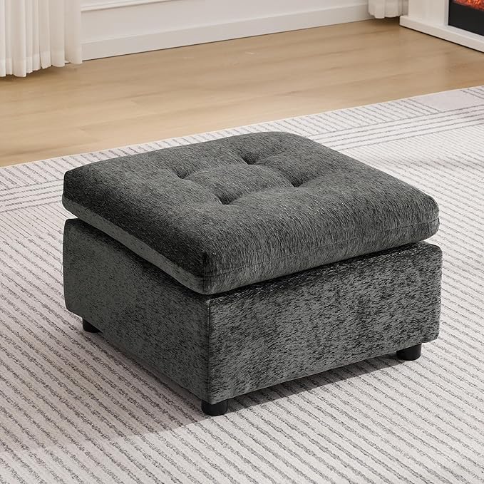 24 Square Modular Ottoman for Sectional Sofa Tufted Chenille Upholstered Footrest Cloud Sofa Ottoman for Living Room Dark Grey