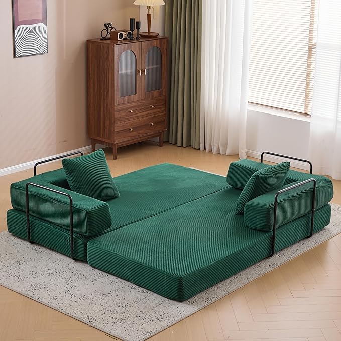 77 Convertible Sleeper Sofa Bed with Fixed-Shape Frame Modern Corduroy Folding Boneless Couch with 2 Pillows Comfy Floor Sofa Couch for Living Room No Assembly Required Emerald Green