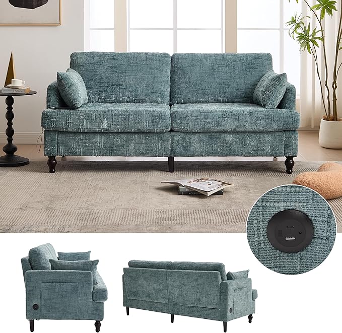 69” Modern Chenille Loveseat Sofa Couch Upholstered 2 Seat Love Seat Deep Seat Small Couch with LED Light and Sturdy Wood Legs for Living Room Bedroom Apartment (Lake Blue)