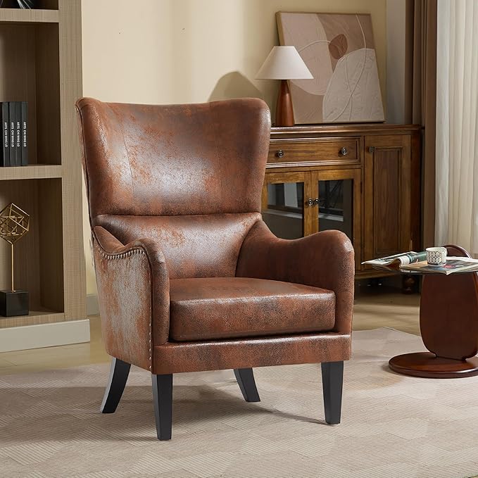 Mid-Century Modern Wingback Chairs Accent Club Chair with Nailhead Trim Faux Leather Armchair Sofa Reading for Living Room Single Sofa Armchair Office