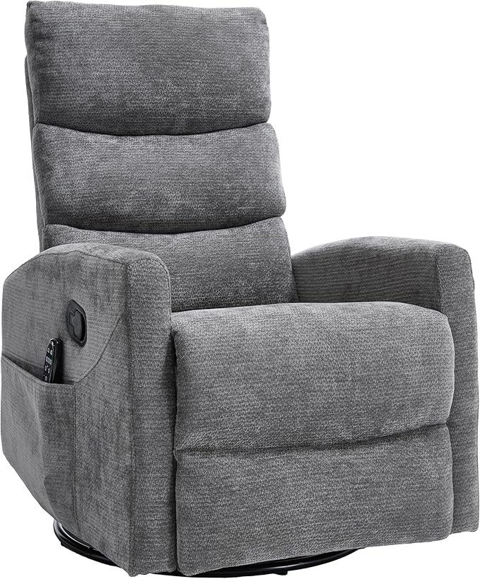 PELUMY 360° Swivel Rocker Recliner with Heat &amp Vibration Massage Glider Rocking Chair for Adults Compact Recliner for Living Room Small Spaces Nursery Bedroom (Chenille Grey)