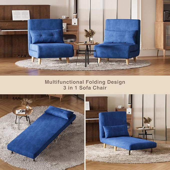 Aiho 3 in 1 Sleeper Chair Convertible Futon Chair Bed Velvet Sofa Bed with Adjustable Backrest Living Room Chair for Apartment/Bedroom/Guest Room Blue