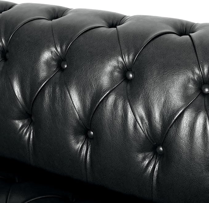 83.5 Upholstered Chesterfield Couch Modern 3 Seater Sofa with Tufted Back and Square Arms Wood Leg Nailhead Sofa for Living Room/Office/Apartment/Small Space PU Leather Black