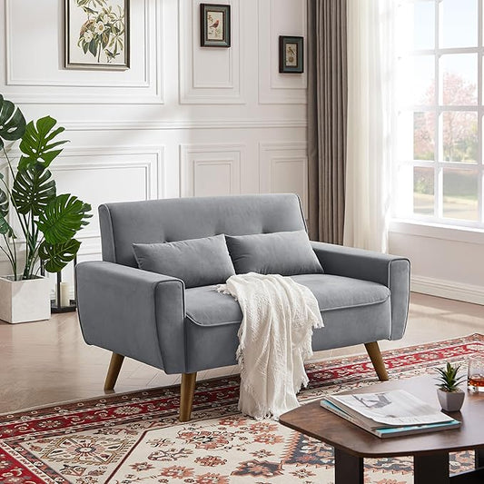 48 Small Loveseat Sofa Mid Century Modern Love Seat with Back Cushions and Plastic Legs 2 Seater Couches for Living Room Bedroom Small Spaces Light Grey