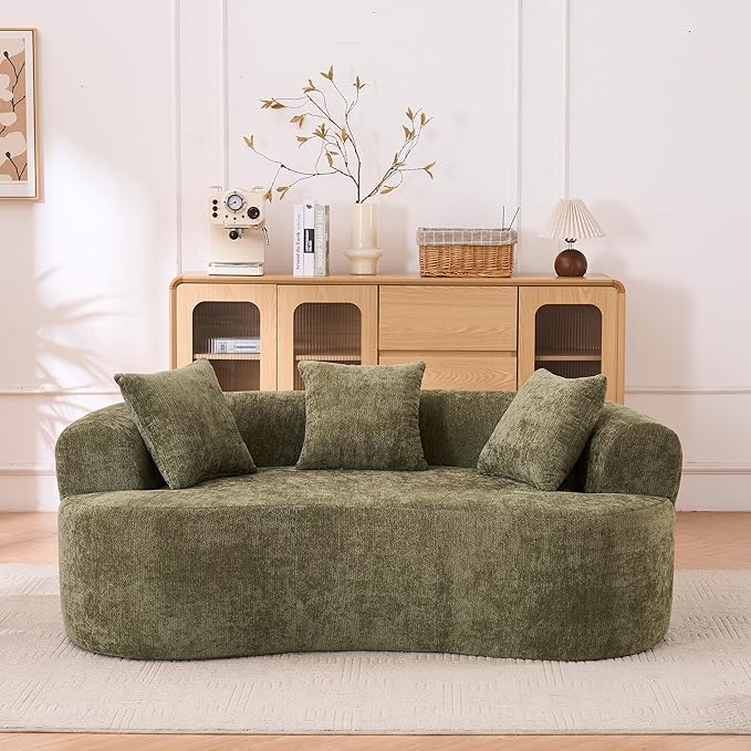 KEIKI 79 Curved Deep-Seat Sofa for Bedroom Lounge Modern Low-Back 3-Seater with Self-Inflating Foam No-Assembly Chenille Couch Ideal for Relaxing Reading and Cozy Corners