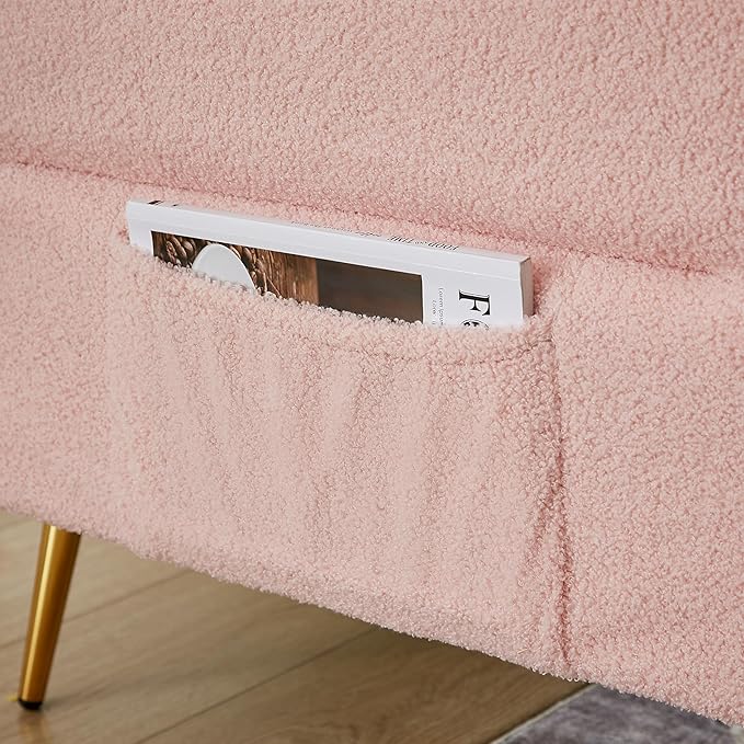 Pink Futon Sofa Bed Loveseat with Adjustable Backrest and Armrests Teddy Couch with Pillows and Side Pocket for Small Spaces Living Room Apartment Or Office (Pink)