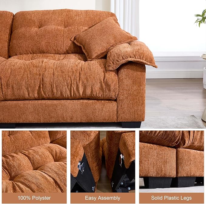 90.55 Oversized Loveseat Couch for Bedroom Cloud Couch Small Couches for Small Spaces 2 Seater Deep Loveseat Burnt Orange Modern Sleeper Sofa Orange
