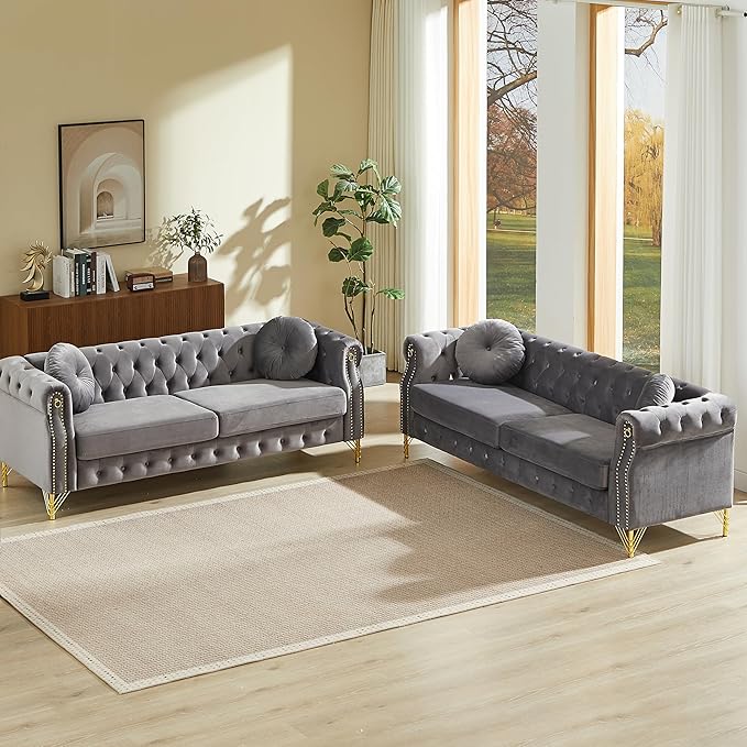 KEIKI 6 Seat Chesterfield Sofa Retro Style Upholstered 3+3 Seats Velvet Couch with Rolled Arm for Living Room Bedroom Office Gray