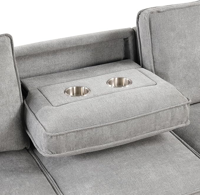 L-Shaped Convertible Sectional Sofa with Storage Space Upholstery Sleeper Sectional Sofa with USB Port and 2 Cup Holders on Back Cushions 3-Seat Sofa Furniture for Living Room Office (Grey-89'W)