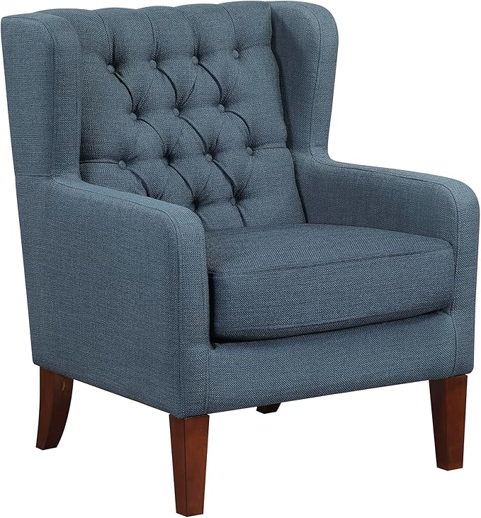 Lexicon Living Room Accent Chair Button Tufted Wingback Track Arm Reversible Seat Cushion Solid Wood Legs Textured Fabric Comfy Armchair for Bedroom/Office Easy Assembly Blue