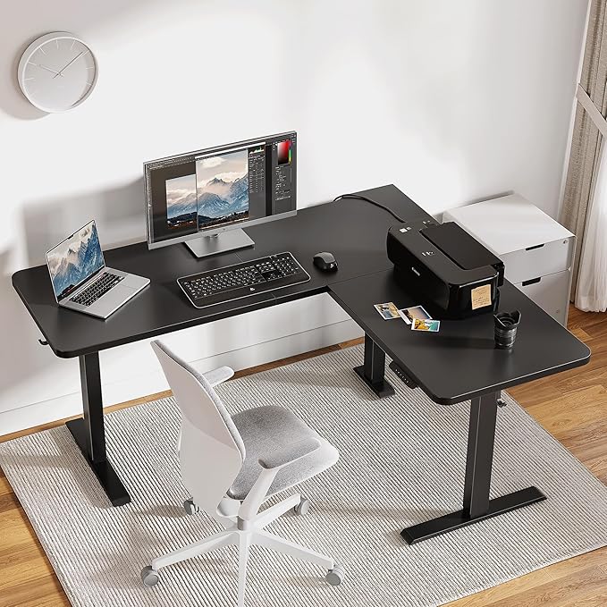 BANTI L-Shaped Standing Desk - 75 x 63 Inch Adjustable Corner Standing Desk with Charging Station - L Shape Sit Stand Table with Memory Controller Splice Board for Home Office Black