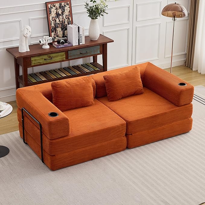 78 Loveseat Sleeper Sofa 4 in 1 Convertible Floor Sofa Bed Boneless Cloud Couch with Cup Holder Fold Out Floor Couch for Living Room Bedroom Lounge Corduroy Orange