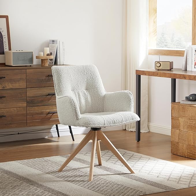 Art Leon Desk Chair No Wheels - Mid Century Modern Swivel Accent Chair Boucle Fabric Upholstered Office Chair with Oak Wood Legs for Small Space Living Room Bedroom Off White