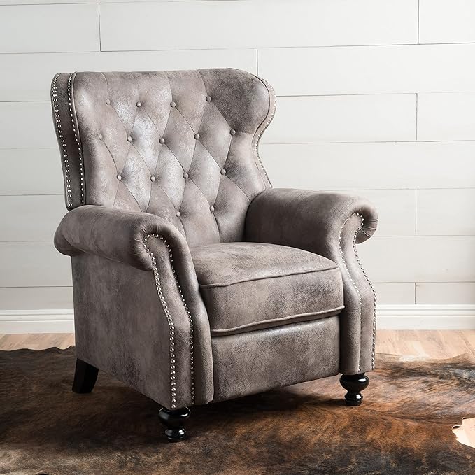 Push Back Recliner Chair Mid Century Wingback Recliner Accent Chair with Rivet Decoration Fabric Push Back Single Sofa for Living Room Adjustable Backrest (Brown Gray)