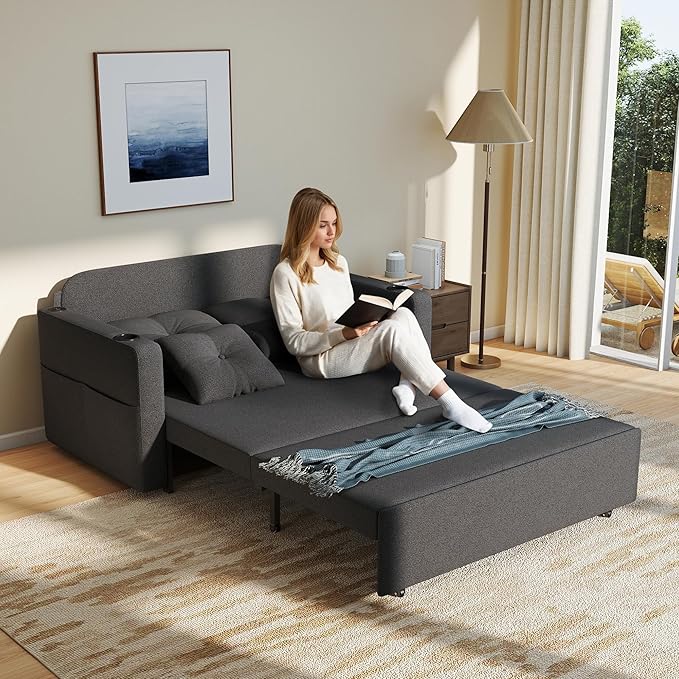 3 in 1 Sofa Bed 56 Inch Convertible Pull Out Couch Loveseat Sleeper Sofa with Cup Holders USB Sofa Couches for Living Room Bedroom Apartment Dark Grey